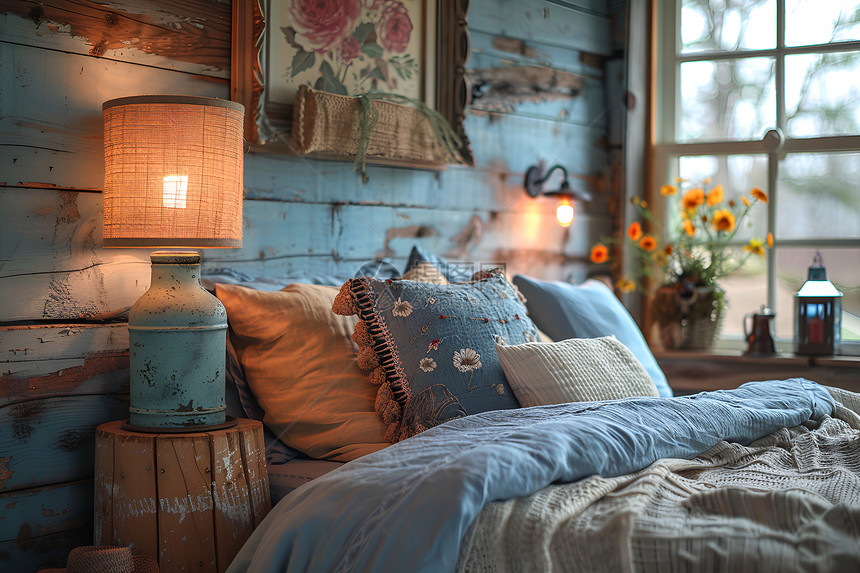 温馨农舍风格的卧室夜灯散发着温暖和魅力图片