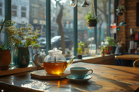 茶餐廳桌子上的一壶茶背景