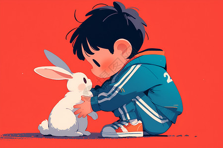 小男孩和兔子和兔子玩耍的小男孩插画