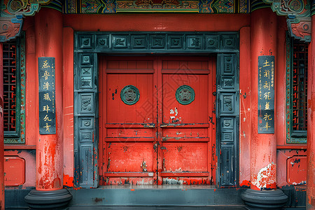 纯复古红素材复古优雅红漆门背景