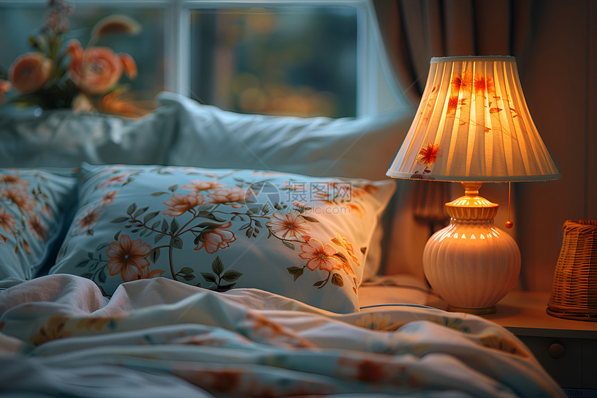 温馨卧室中的柔光灯照图片