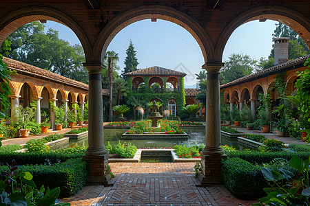 庭院拱门古典美雅致露台下的庭院景观背景