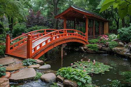 花园池塘传统设计的园林背景