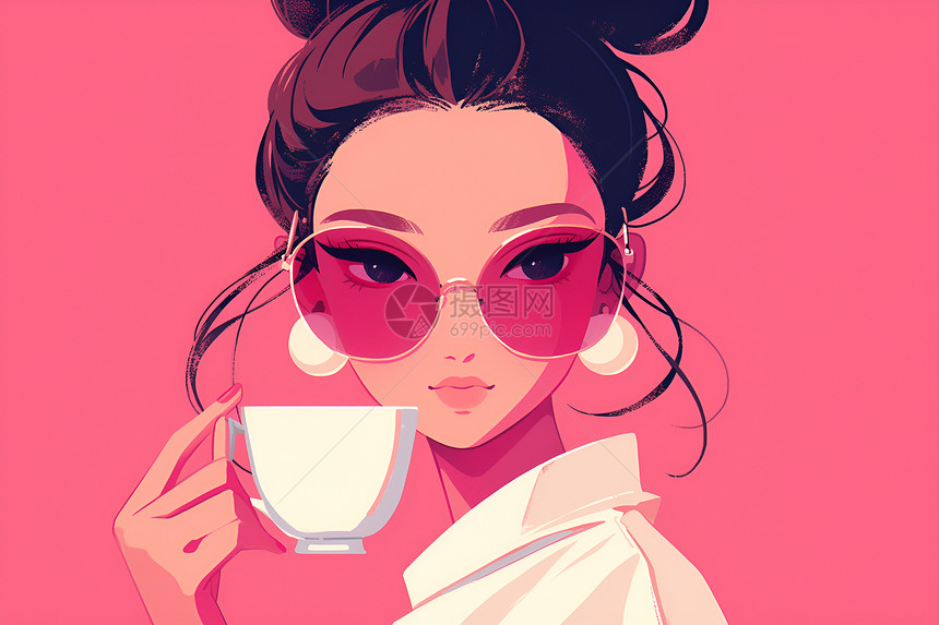 丸子少女喝茶图片