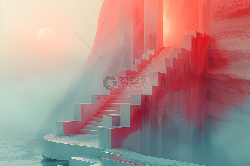 迷雾中的红光阶梯图片