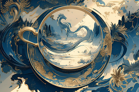 迈森瓷瓷茶杯和茶碟插画