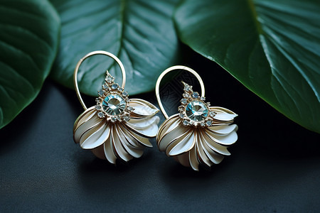 叶子珠宝素材珍珠耳饰和叶子背景
