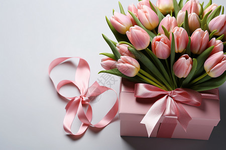 粉红色礼盒中的郁金香背景图片