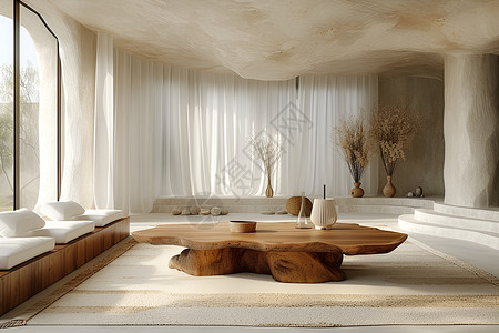 风绿植简洁抽象与木质桌搭配的客厅设计背景