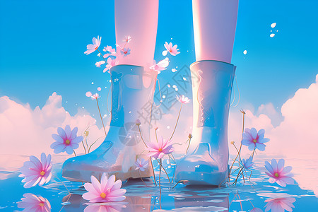 漂亮花纹花与泥靴插画