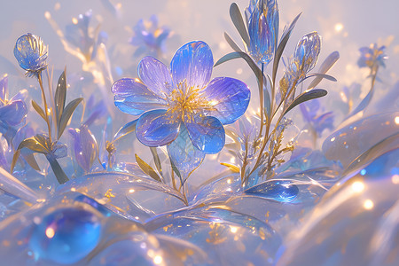 蓝色树叶花朵花丛蓝色花朵上的阳光插画