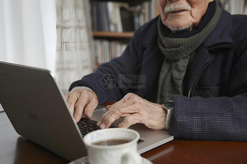 老爷爷在使用笔记本电脑图片
