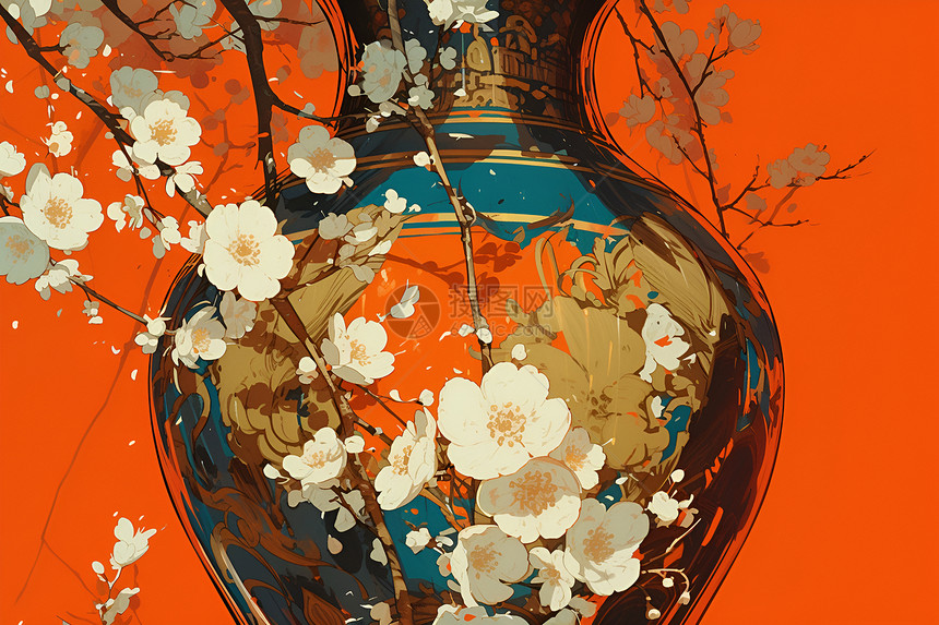 深橙色的花瓶绘画图片