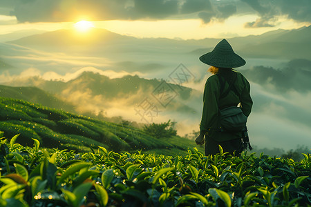 普工茶园中的一个采茶工背景