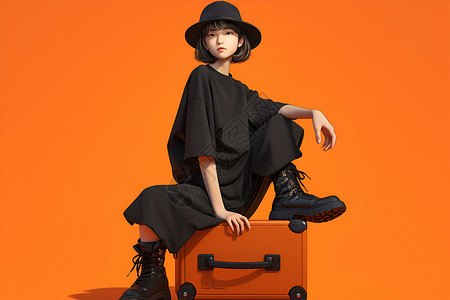 黑色模特女模特坐在行李箱上插画