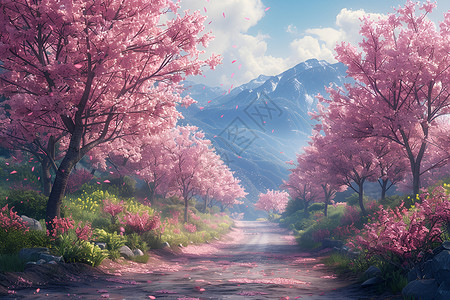 樱花盛开的乡间小路背景图片