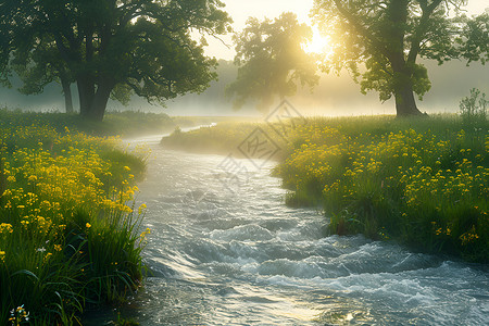环境氛围清晨田园小河穿越绿野插画