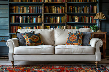 沙发布艺客厅的沙发和书架背景