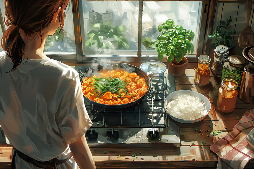 温馨家庭厨房的咖喱饭图片