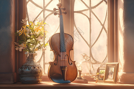 艺术表演窗台上的小提琴插画