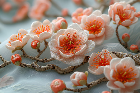 精美刺绣中的梅花背景图片