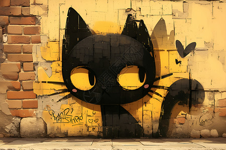 蓝砖砖墙上的黑猫插画