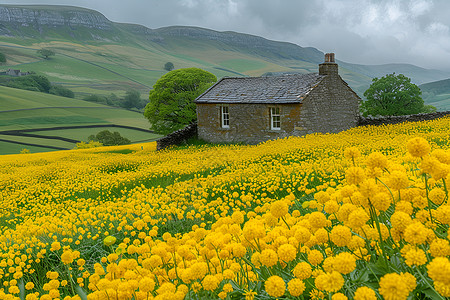 金黄色花朵山丘盛开的花朵背景