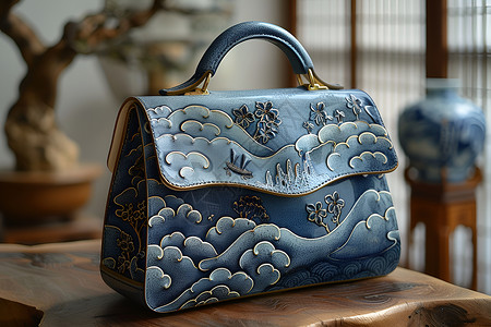 龙泉青瓷青瓷风釉陶瓶桌旁木质台面上摆着一个蓝色手提包设计图片