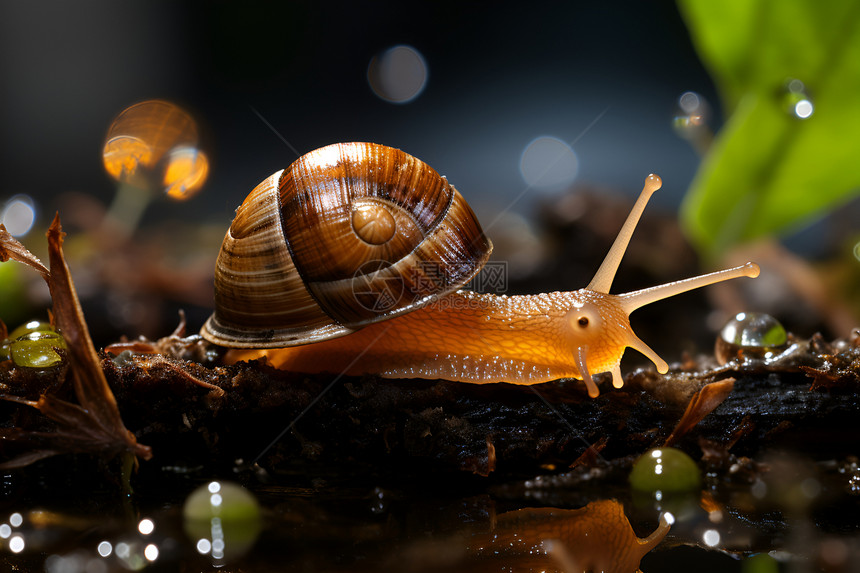 蜗牛在雨中爬行图片