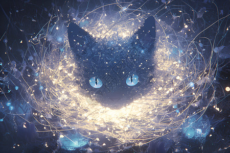 发光猫头夜空中的立体猫头插画