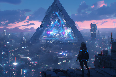 夜幕下三角形建筑背景图片
