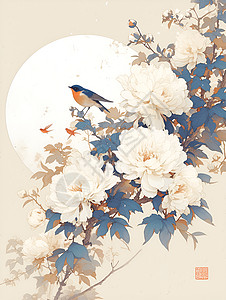 白树枝白月映花鸟间插画