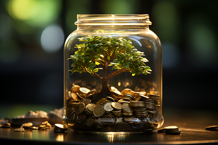 罐子里玻璃罐中的小树和货币设计图片