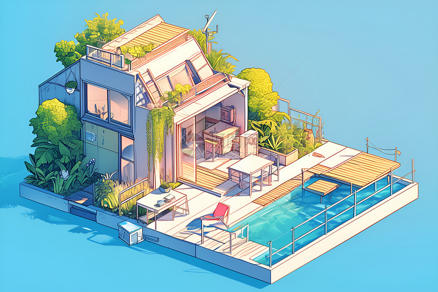 带泳池的别墅模型图片