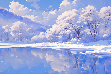 湖畔积雪的树木背景图片