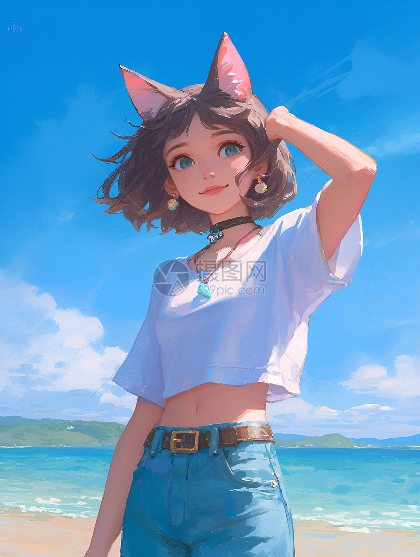 猫耳女孩在海滩上图片