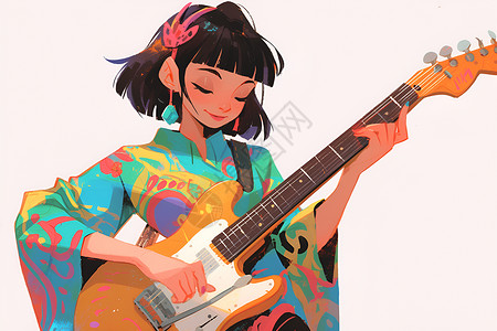 穿着炫彩花衬衫的女吉他手插画