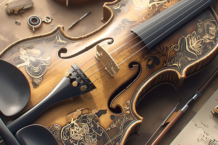 小提琴上的繁复花纹背景图片