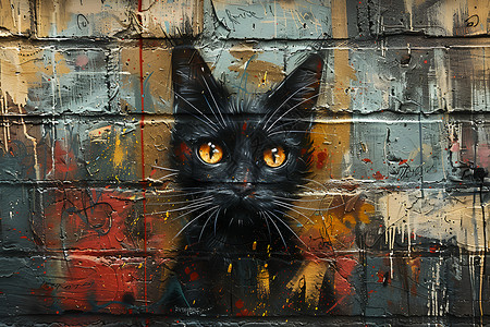 黑猫涂鸦街头壁画背景图片