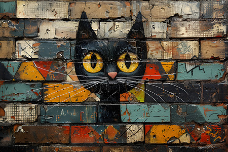 砖墙上的黑色猫咪背景图片