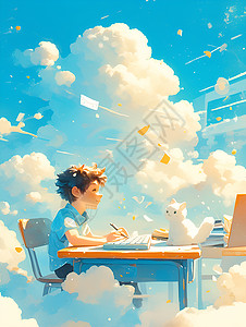 云朵里学习的男孩背景图片