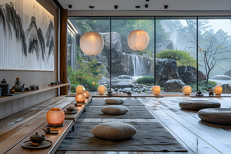光影交融岩石灯光与瀑布的京都茶室背景图片