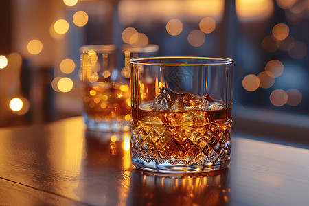桌子复古桌面上的威士忌酒杯背景