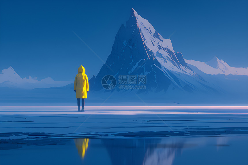 穿着雨衣的人站在山前的湖畔图片