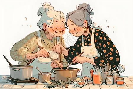 厨房老人老奶奶的欢乐烹饪时刻插画