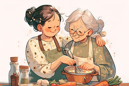 厨房老人母女欢乐烹饪插画