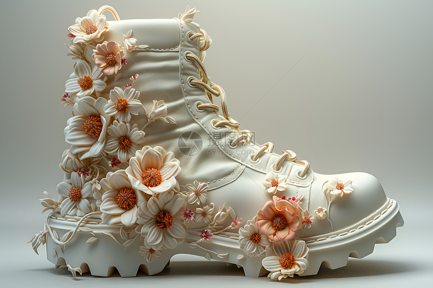 白色花朵的皮靴图片