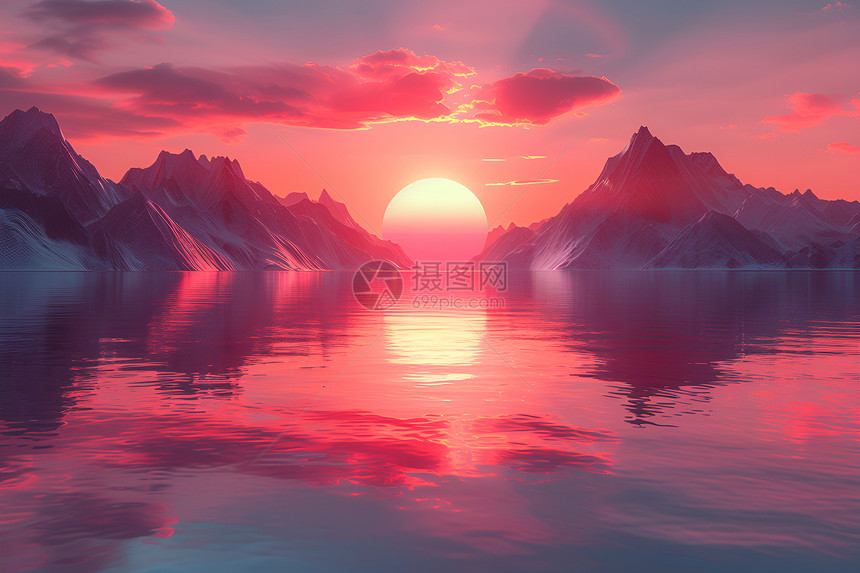 湖光山色日出余晖图片