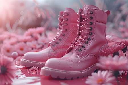粉色花田中的粉色雨靴背景图片