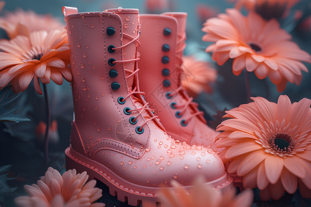 花海中的粉色靴子背景图片